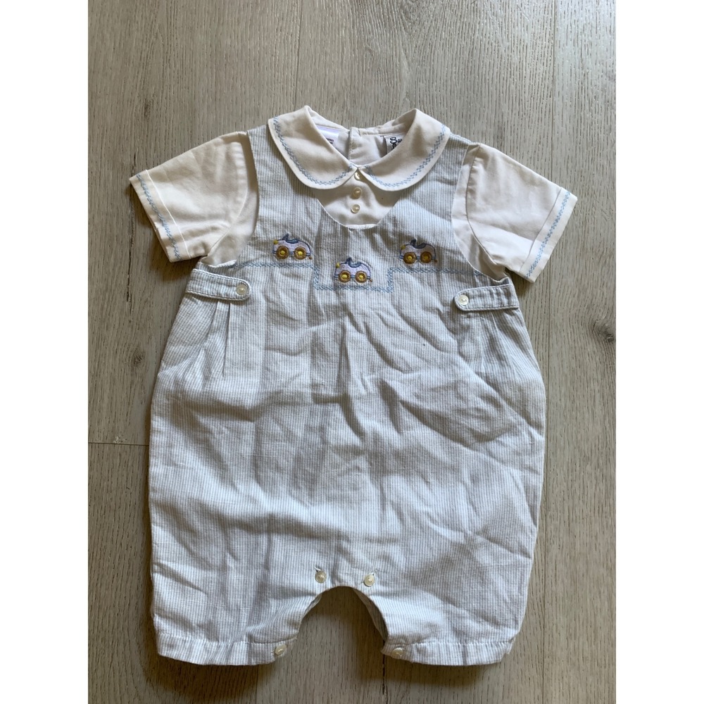 Sarah Louise England Baby Boy Blue Seersucker Hand Embroidered Car Romper 6M